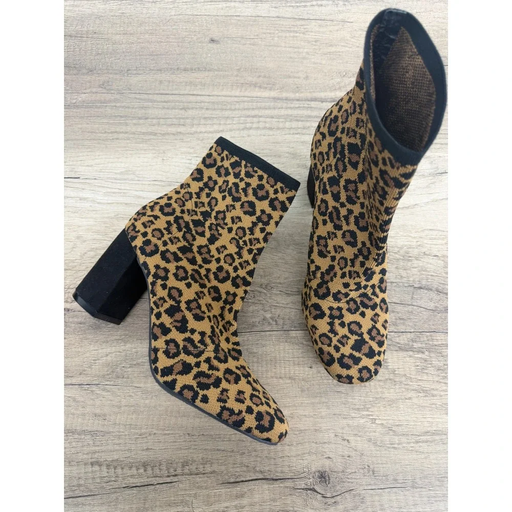 Leopard Print Sock Boots Block Heel Ankle Booties GS7553115Y Erika Tan Black 8.5
